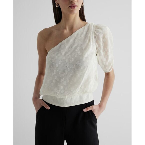 Express Women’s Polka Dot One Shoulder Banded Bottom Top Swan Size XL NWT $68 - Picture 1 of 16
